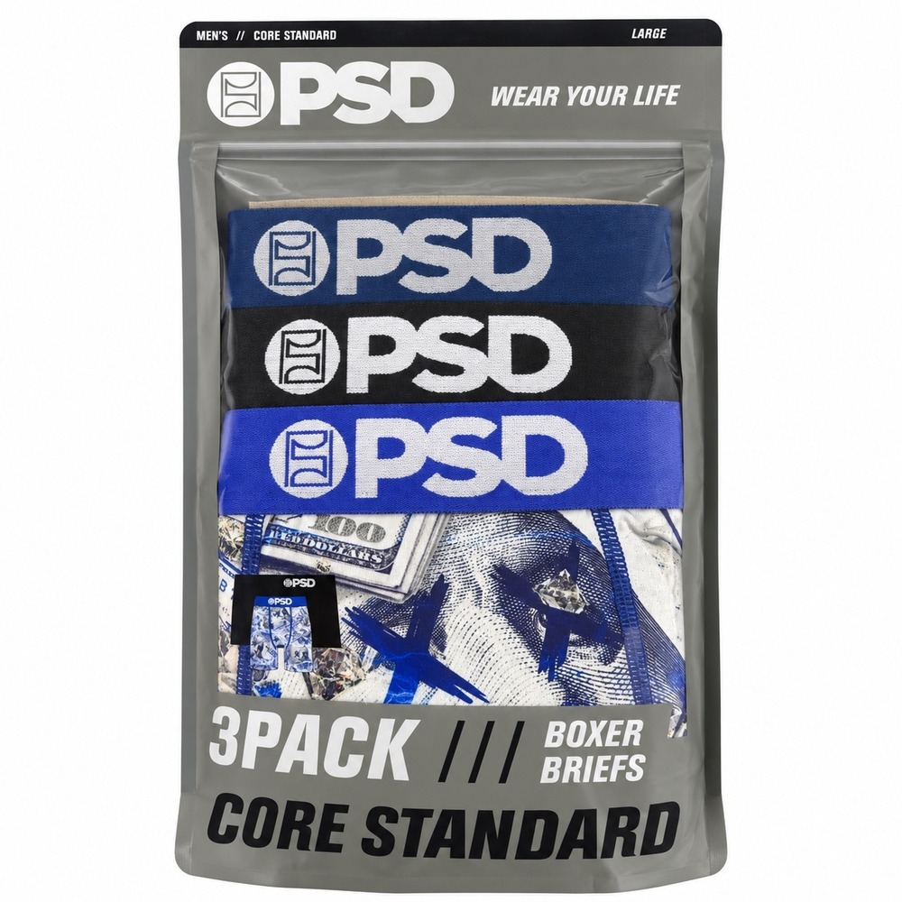 PSD Men Core Standard Boxer Briefs 3-Pack Money Diamond Blue Black Large